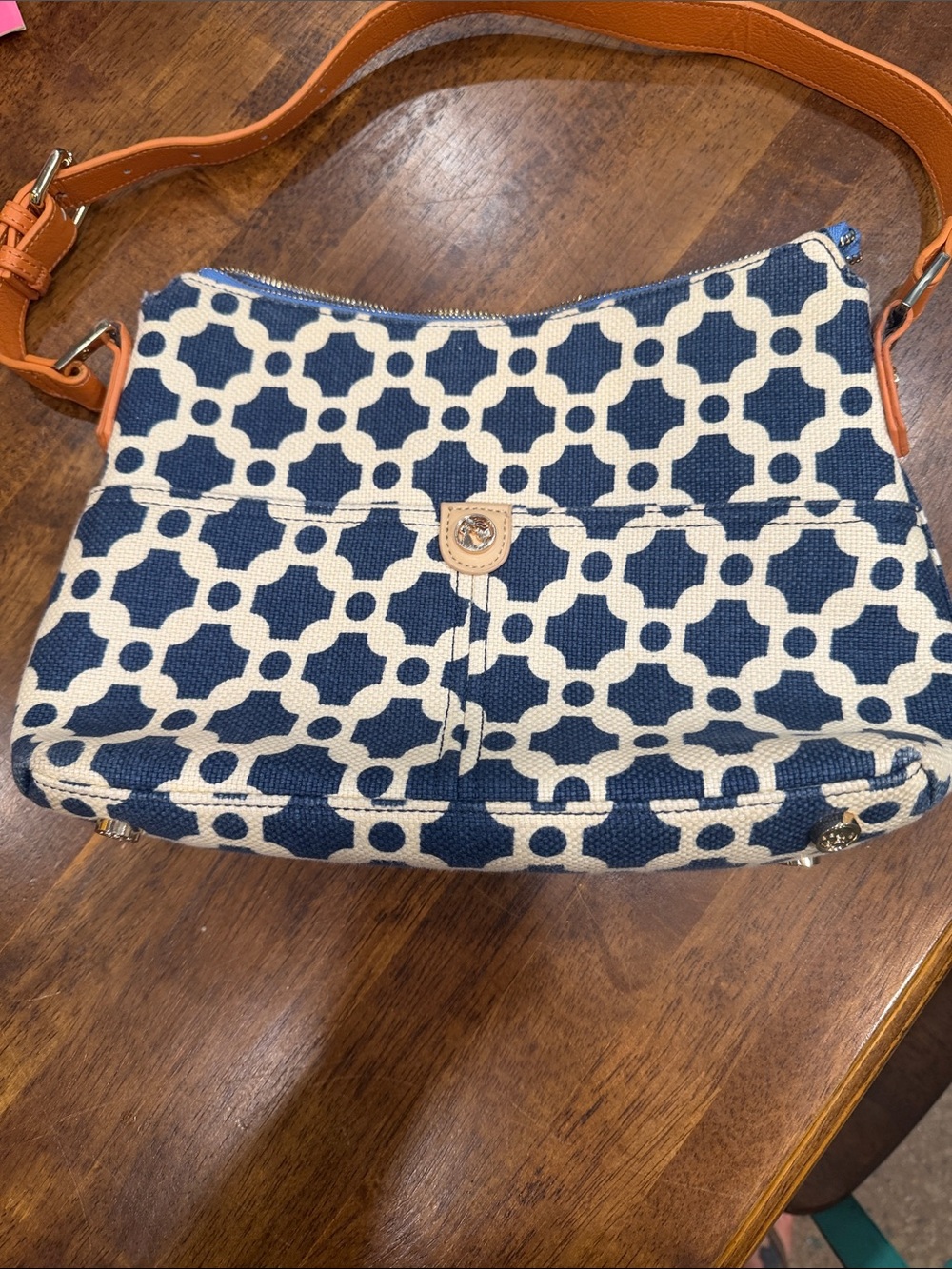 Spartina 449 Navy and Cream Patterned Canvas Crossbody with Tan Strap